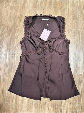 Avec Les Filles Lace-Up Lace Trim Camisole Brown Large NWT